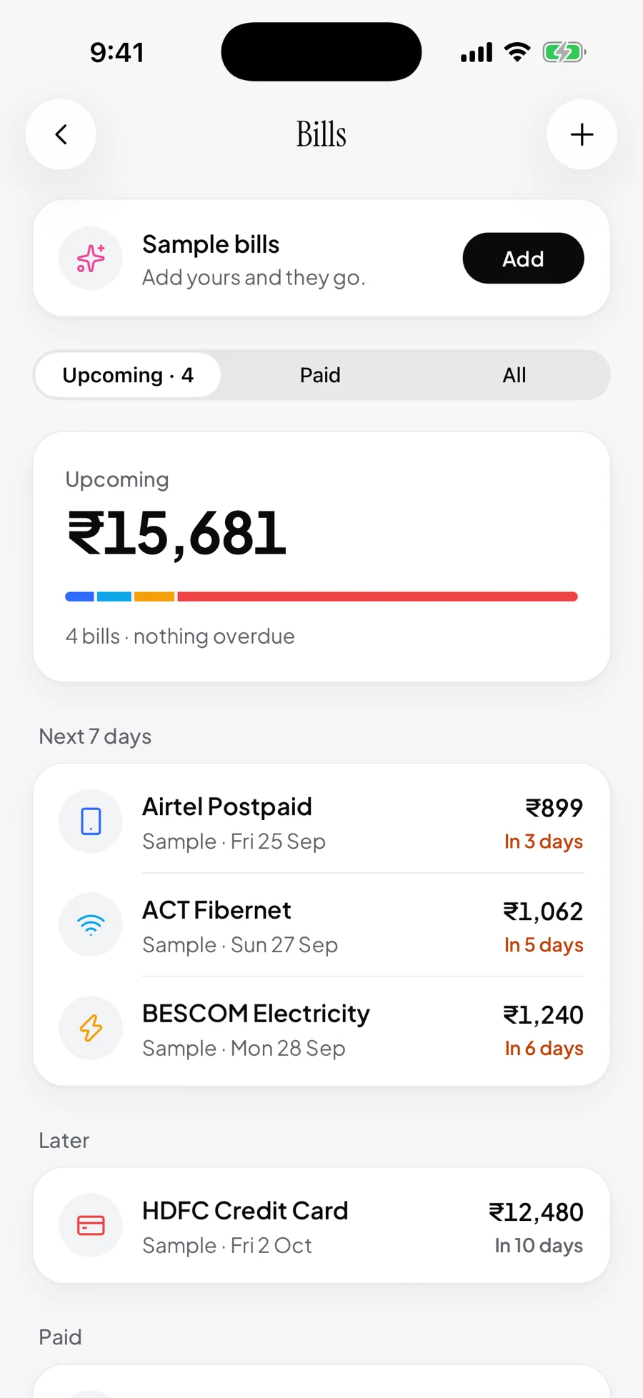Rejynx’s Bills screen: ₹15,681 upcoming across four sample bills, with Airtel Postpaid due in 3 days, ACT Fibernet in 5 days and BESCOM Electricity in 6 days.